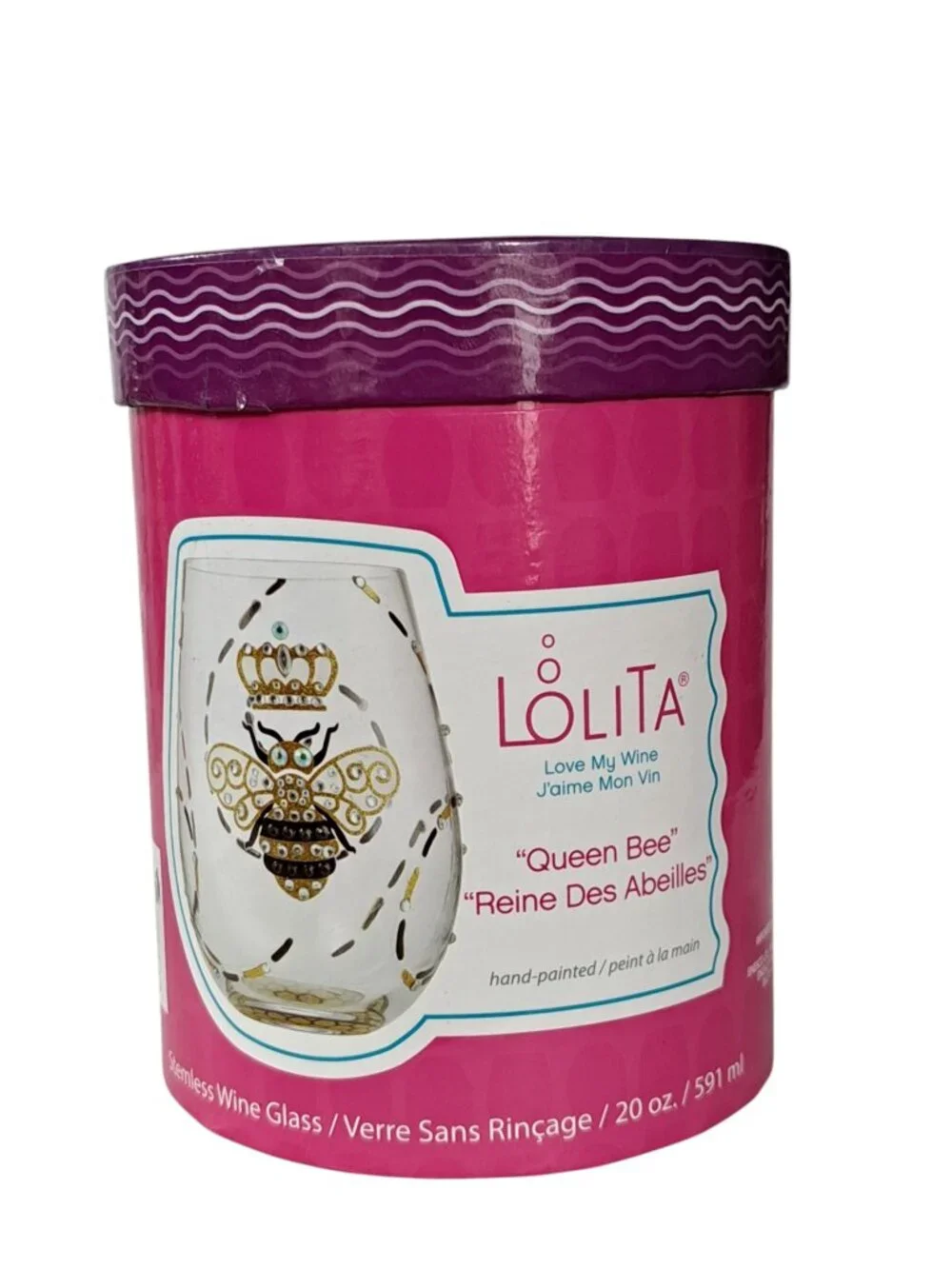 Lolita Queen Bee Stemless Hand Painted & Jeweled 19oz Wine Glass. RARE!